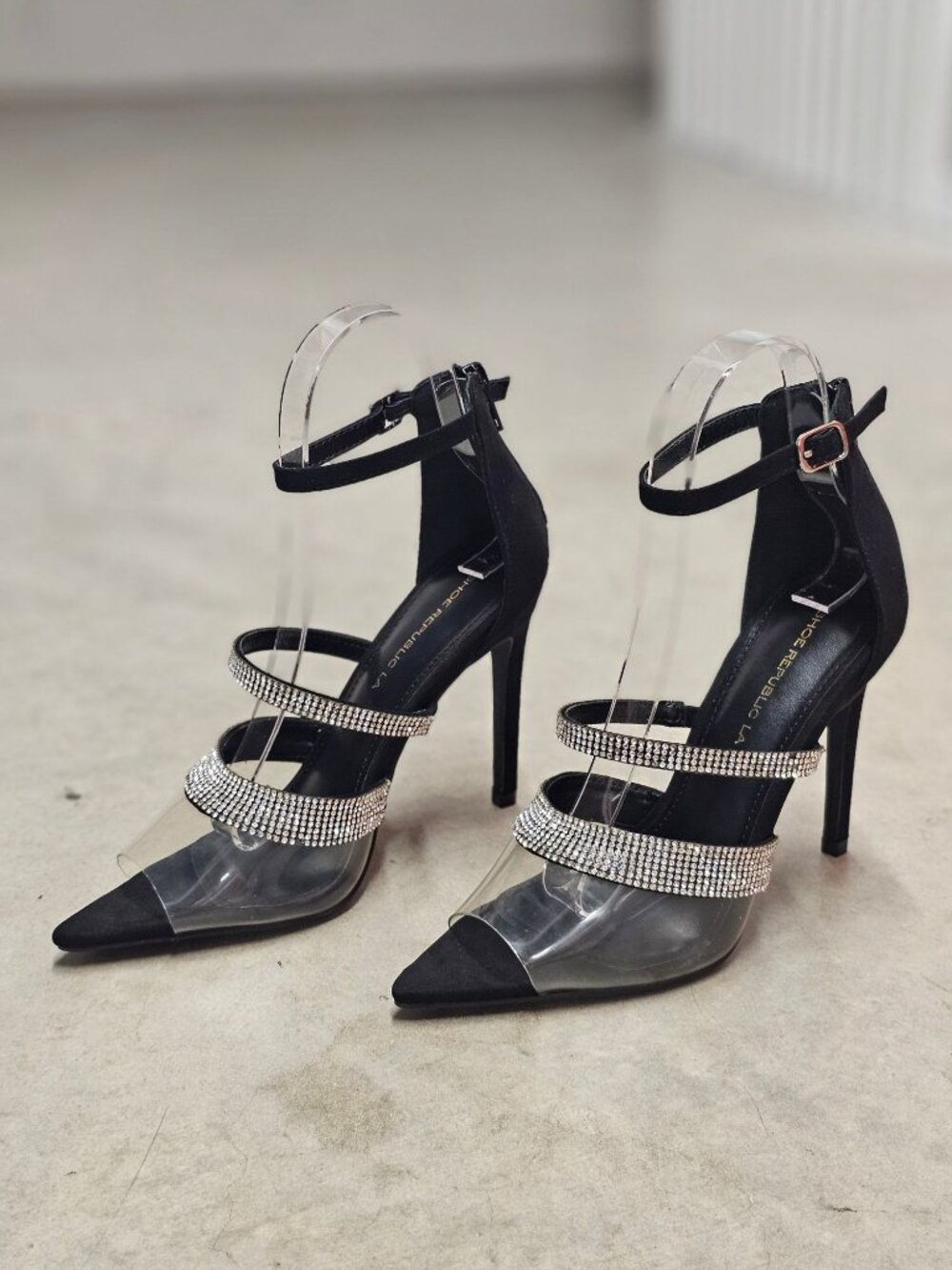 Rhinestone Clear Strap High Heels With Ankle Buckle & Back Zipper - Elegant Blac - Picture 13 of 14